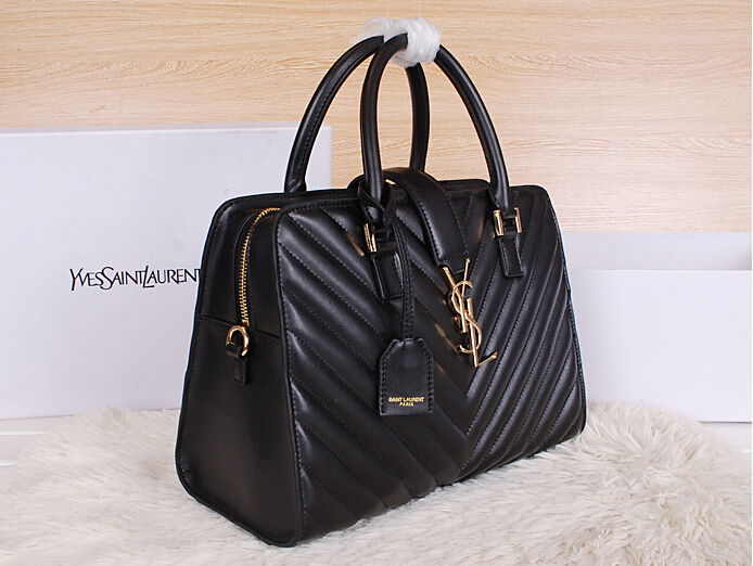 2014 New Saint Laurent Medium Cabas Monogram Leather Top Handle Bag Y7108 Black - Click Image to Close